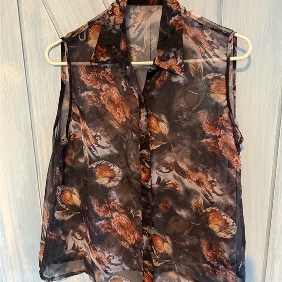 Sheer Black Floral Sleeveless Button Up Top - Picture 1 of 4